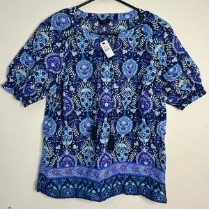 Talbots Blue Purple Pleated Sleeve Floral Top Floret Medallion Petite Size P NWT